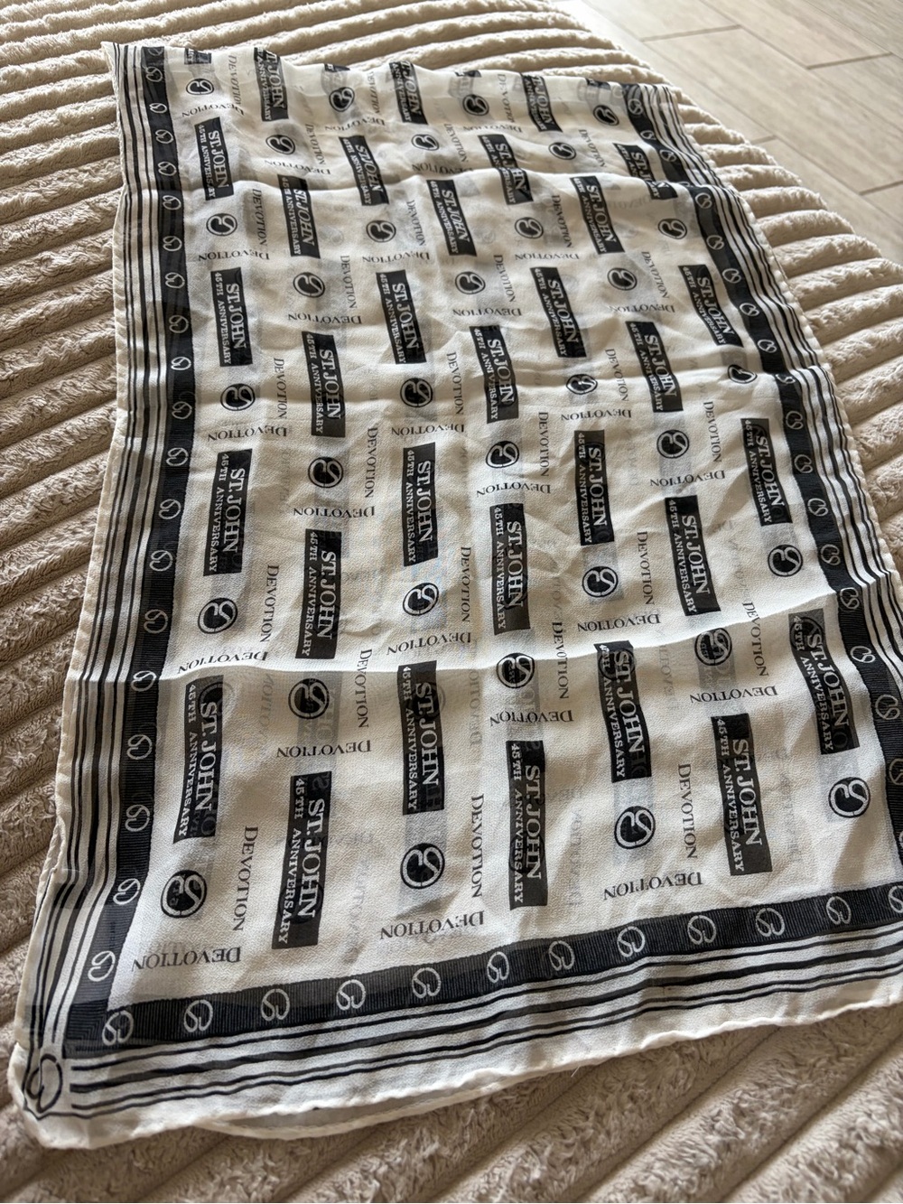 St. John Black and Ivory Logo Silk Scarf
